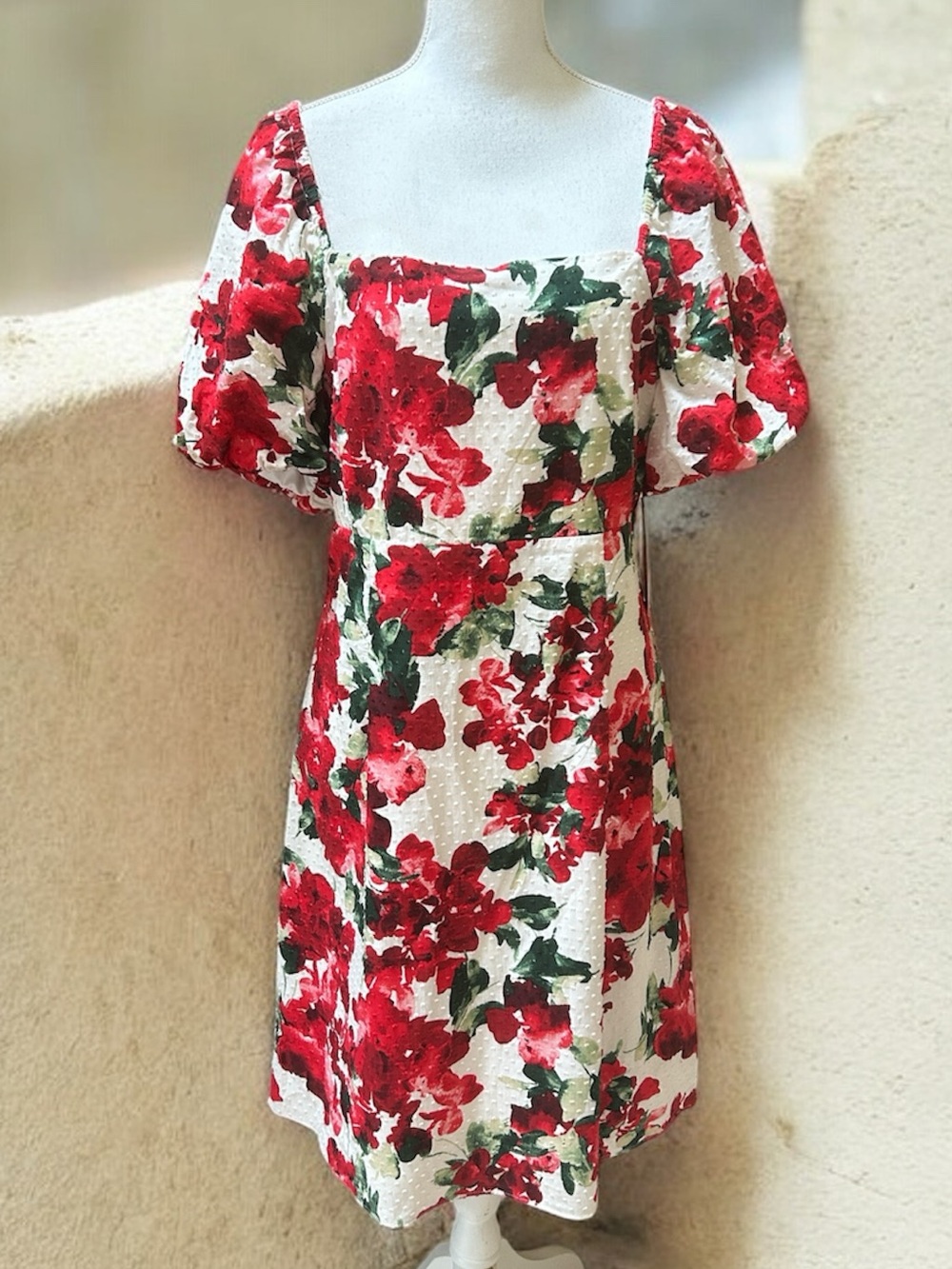 Julia Jordan Vibrant Red Floral Fit +Flare Square Neck Puff Sleeve Dress 14 NWT